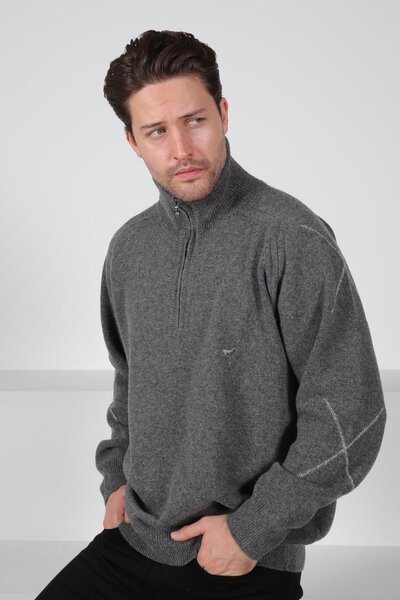 Ferraro Pulover pentru bărbați din lână de miel 100% cu guler țesut și fermoa...