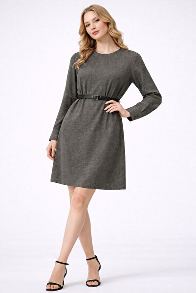 MG GİYİM STORE Women's Belted Long Sleeve Crew Neck Mini Dress Office & Casua...