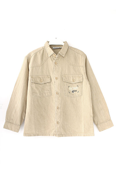 DobaKids Cămașă cu mânecă lungă din in pentru băieți Pocket Over cu imprimeu Bej