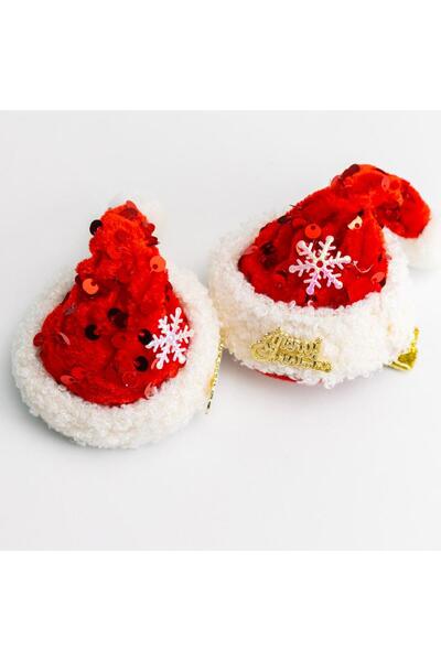4Berry Yılbaşı Temalı 2'li Merry Christmas Yazılı Kar Taneli Klipsli Toka - Kırmızı Pullu Noel Baba Şapkası