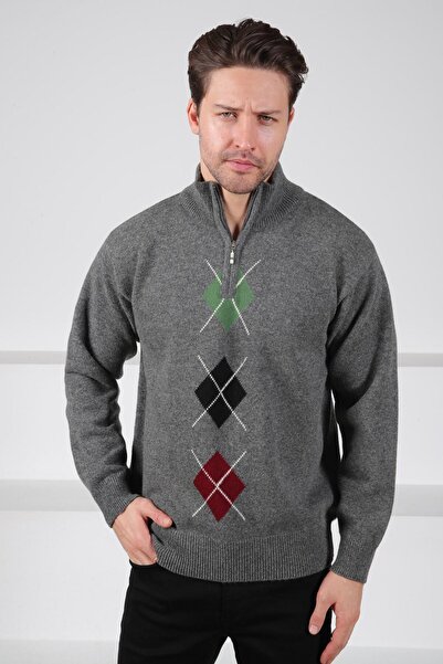 Ferraro Füme/Yeşil Balıkçı Yaka Fermuarlı Yeşil Siyah Desenli %100 Kuzu Yünü ...