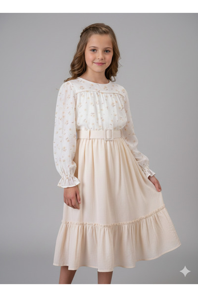 Cherrys Bebek Floral Patterned Belted Girl's Dress