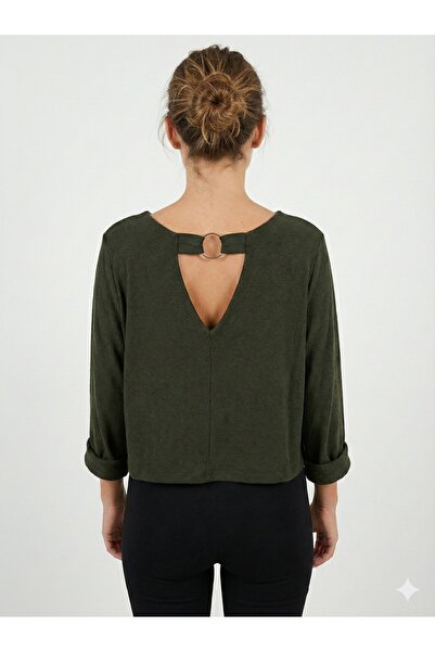 della moor Women's Khaki Italian Low-Cut Back Ring Detailed Long Sleeve Loose Knit Sweater