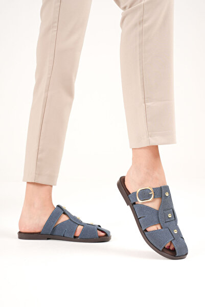 Artgoo Women's Denim Blue Gold Detailed Daily Casual Soft Comfortable Sole Closed Front Slippers