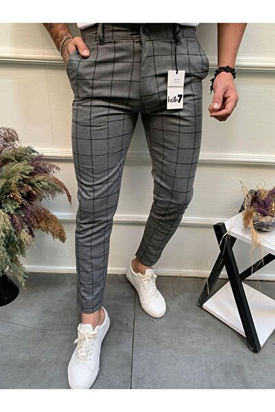 modabm Men's Slimfit Cut Lycra Plaid Checkered Fabric Pants