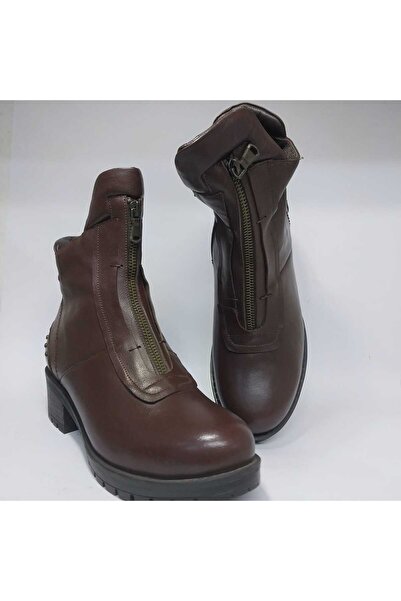 Mira Deri حذاء نسائي من الجلد الطبيعي باللون البني بارتفاع 4.5 سم مع نعل سميك مضاد للانزلاق وتفاصيل سحاب أنكونا