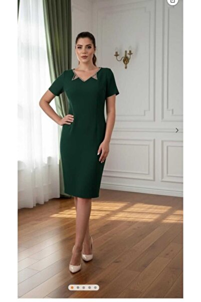 Nidya Moda Büyük Beden Kadın Yeşil Lazer Zikzak Taşlı Yaka Abiye Elbise-4110Y