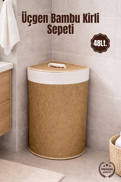 Nandy Home 48Lt. Üçgen Bambu Çamaşır Sepeti - Doğal Görünüm Kirli Sepeti