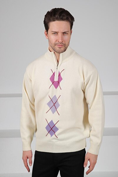 Ferraro Pulover pentru bărbați din lână de miel 100% cu model roz liliac, cu ...