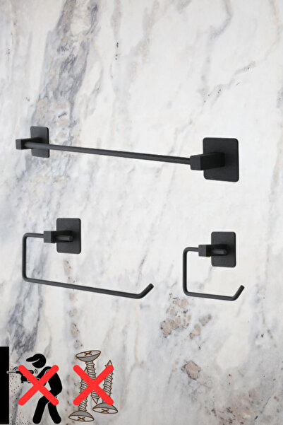 MultiStore Suport pentru prosoape lung, adeziv, pătrat, negru / Suport pentru prosoape de hârtie / Suport pentru hârtie igienică pentru exterior Set de baie din 3 piese