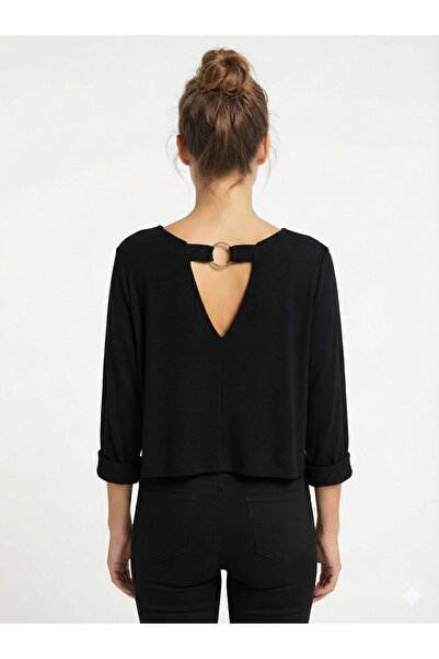 della moor Women's Black Italian Low-Back Ring Detailed Long Sleeve Loose Knit Sweater