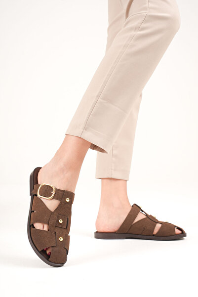 Artgoo Women's Brown Gold Detailed Casual Comfortable Soft Comfortable Sole Closed Front Slippers