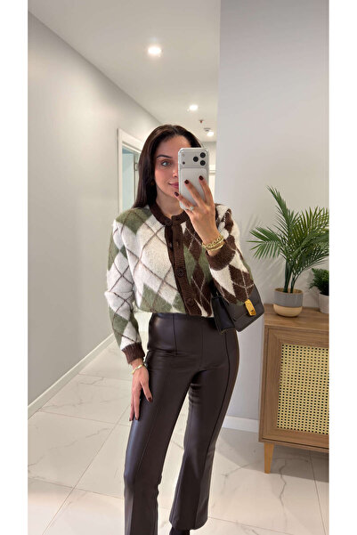 BİRCANÇİL Mado Dark Cinnamon Bone Diamond Pattern Cardigan