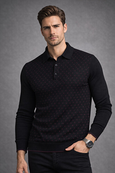 FORMENTİ سترة رجالية من الصوف المخلوط بنمط منقط أسود وياقة بولو