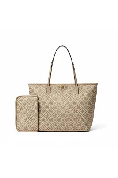 trendy time t & t حقيبة يد من قماش الكانفاس بنقشة حرف T مع جيب بسحاب، مقاس 45 سم