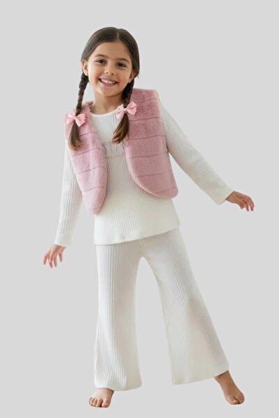 ww waka waka kids store Girl's Plush Vest Set Corded Fabric 3-Piece Set - Set with Flare Leg Trousers