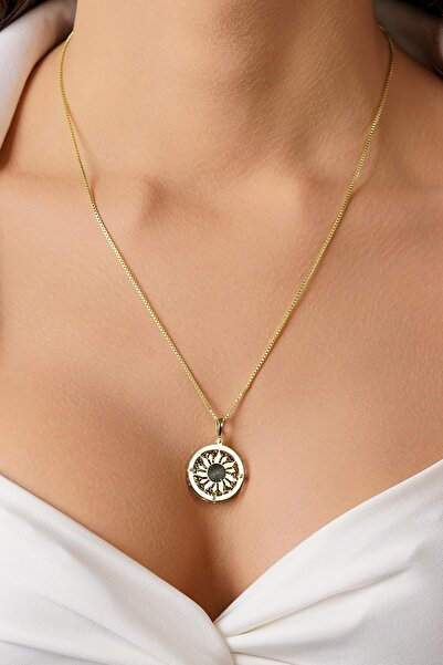 Fiyonk Kuyumculuk 14 Ayar Altın Desenli Küp Zincirli Güneş Uçlu Kolye