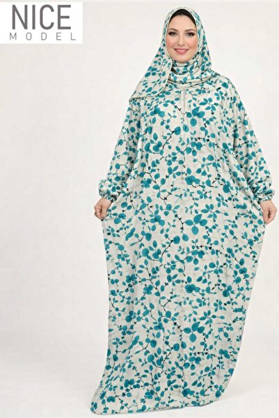 Nice Model Teal Green Eucalyptus Branch Print Hooded Abaya Plus Size Muslim Modest Maxi Dress Cream