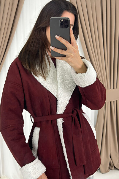 Klex Plush Collar Detailed Belted Women's Coat-Red - m