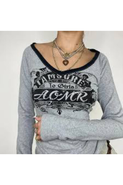 İsra Ayyıldız Moonstar Collection Gri Melanj AOMR Siyah Geniş Yaka Y2K Uzun K...