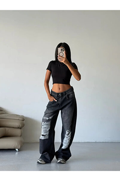 BALİNA Füme Lazer Yıkamalı Yırtık Baggy Jean Füme-THE SOLO