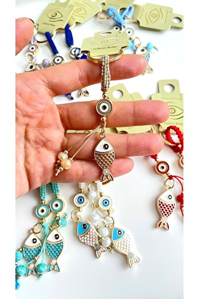 Cassime Beige Fish Gold Plated Evil Eye Keychain