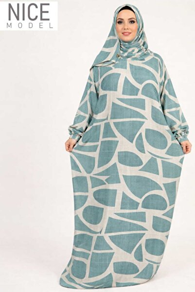 Nice Model Teal Blue Abstract Mosaic Print Hooded Abaya Plus Size Muslim Modest Maxi Dress White Pattern