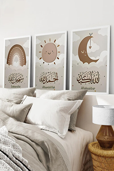 kutuTR Beyaz Çerçeveli 2D UV Baskı 3’lü MDF Tablo Set – Sevimli Ay – Güneş – ...