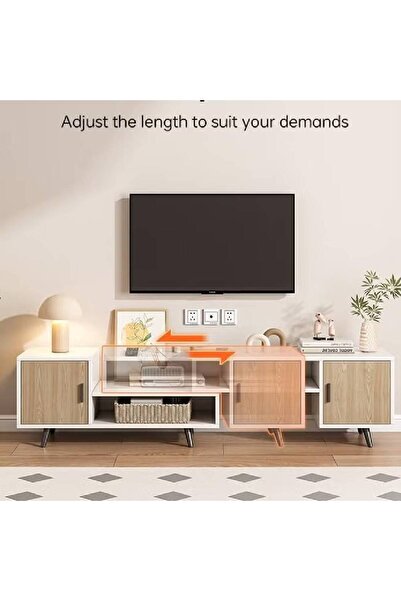 NKX طاولة تلفزيون لغرفة المعيشة مع خزانة تخزين، مركز ترفيه عصري باللونين الأبيض والبيج