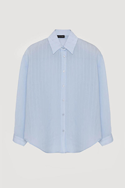 Quzu Thin Line Buttoned O Oversized Blue Women's Shirt Gml00188