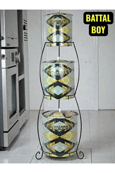 metalshop 3 Katlı Ferforje Lüx Patates Soğan Sarımsak Kovası Desenli