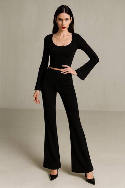 WILD BEE Women's Black Flared F Corded Fabric Set