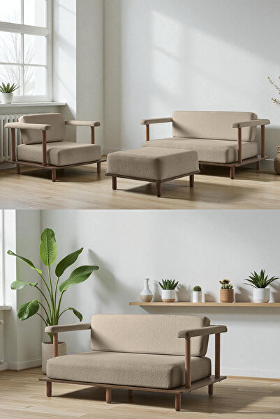 Eymense Pia Koltuk Takımı 2+1+Puf Sütlü Kahve