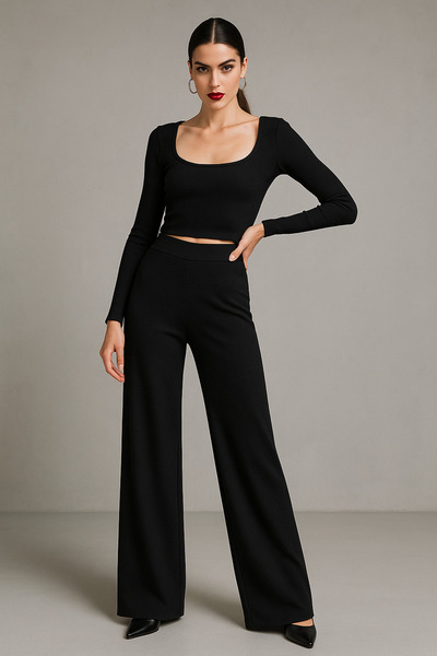 WILD BEE Women's Black Wide Leg Corded Fabric Set