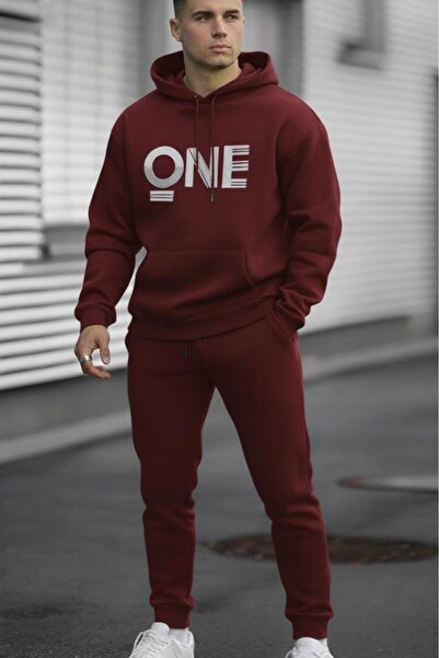 CAST COLLECTİON Men's Burgundy One Printed Hooded Sweat Tracksuit Set