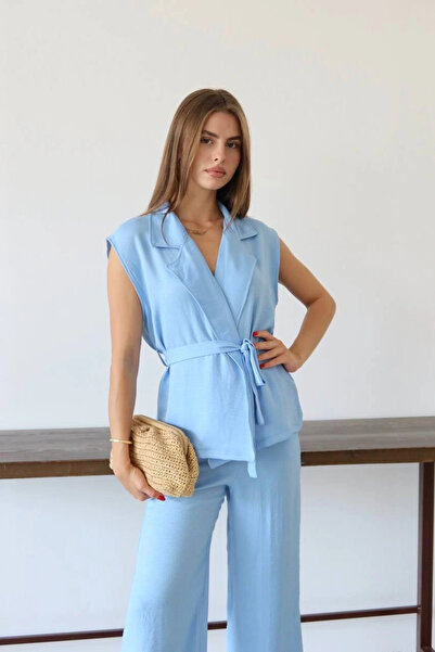 Zerenyus Linen Vest Pants Suit Blue