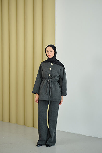 LOCCO Women's Side Buttoned Waist-Tied Midi Length Suit Smoked