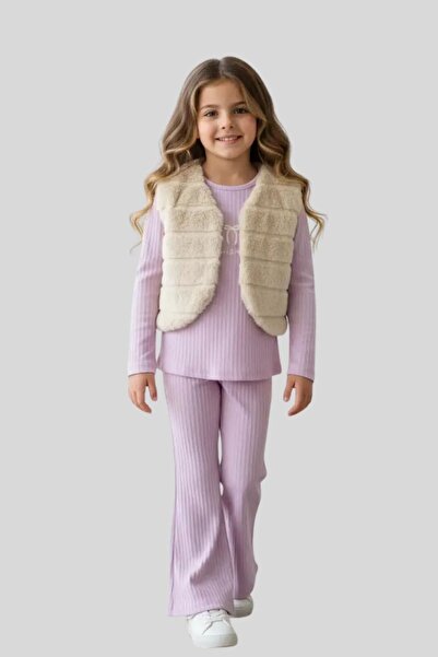 ww waka waka kids store Girl's Plush Vest Set Corded Fabric 3-Piece Set - Set with Flare Leg Trousers