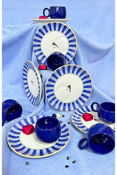 Erbaşlar Sevda Kuşu Mavi 12 Parça 6 Kişilik Sunumlu Kahve Fincan Takımı, Seti