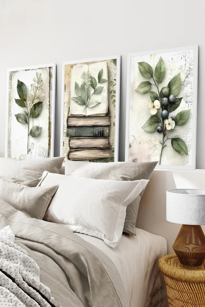 kutuTR Beyaz Çerçeveli 2D UV Baskı 3’lü MDF Tablo Set Vintage Yaprak ve Botan...