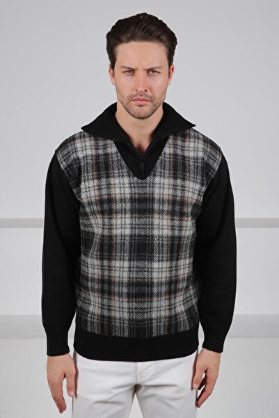 Ferraro Μαύρο πλεκτό πουλόβερ ανδρικό πλεκτό με φερμουάρ με λεπτομέρεια σε γρ...