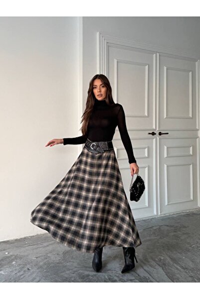 MODA Elite Women's Plaid Patterned Flared Skirt