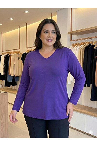 Vinola BÜYÜK BEDEN LİKRALI VİSKON KUMAŞ V YAKA BLUZ