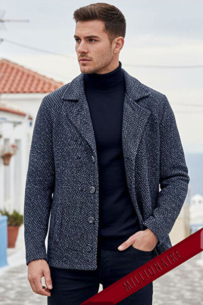 Millionaire Men's Double-Breasted Collar Navy Blue White Fleece Woven 4 Button Old Money Culture Blazer Sports Jacket