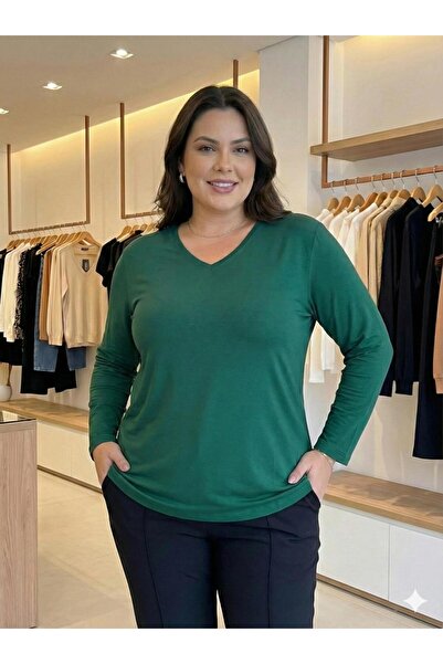 Vinola BÜYÜK BEDEN LİKRALI VİSKON KUMAŞ V YAKA BLUZ