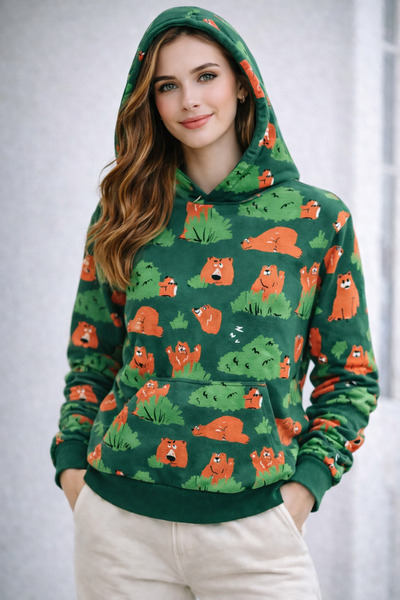 metsawear Hooded Sweatshirt 3 Thread Ş Fleece-Lined Green Bear Patterned