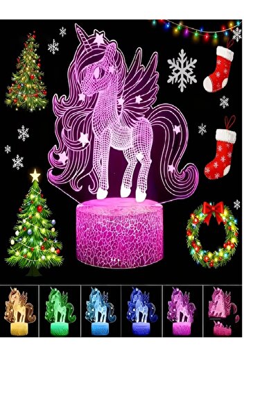 evimmabedim Sevimli Unicorn Pony Tasarımlı 3D 7 Renk Dokunmatik Gece Lambası