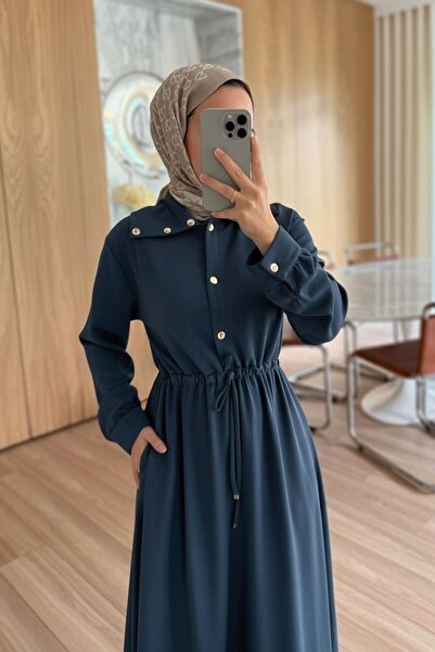 Ka Hijab Waist Gathered Long Modal Dress - Petrol