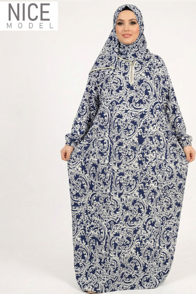 TREN Dark Blue Floral Hooded Abaya with Headscarf – Elegant Modest Fashion for Muslim Women