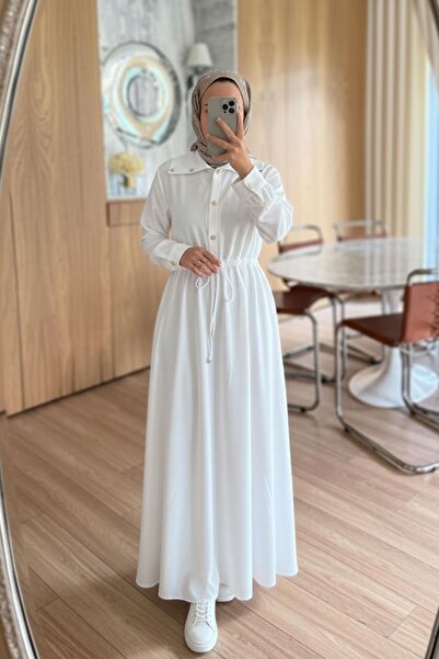 Ka Hijab Waist Gathered Long Modal Dress - White